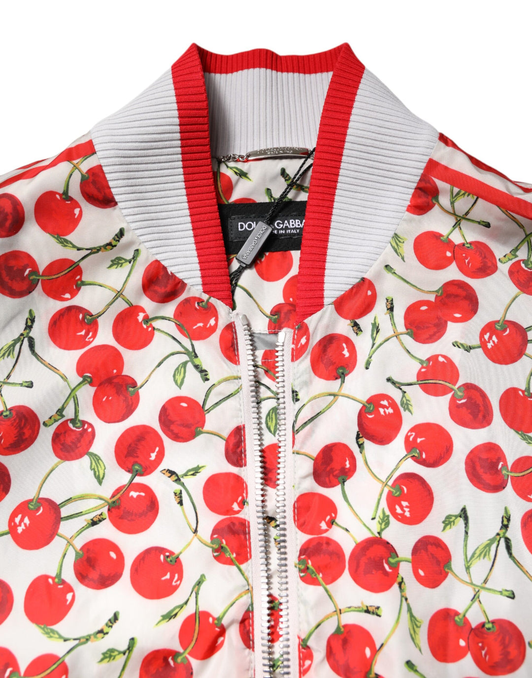 White Cherry Print Full Zip Bomber Jacket