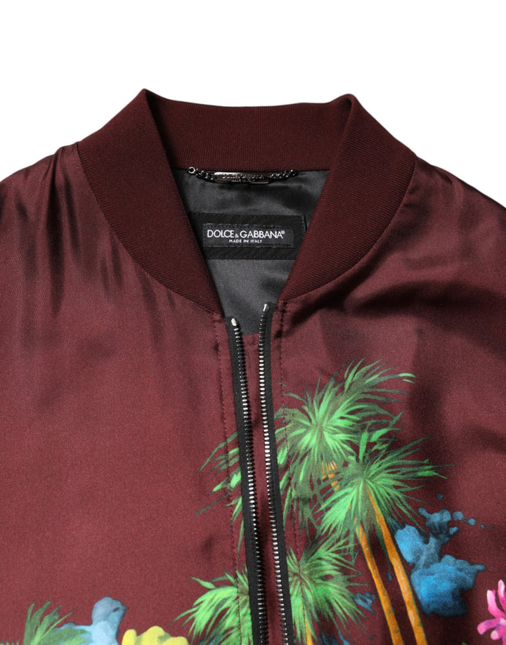 Maroon Floral Print Full Zip Bomber Jacket