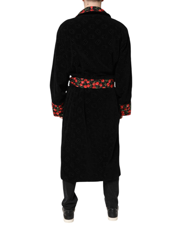 Black Cherry Print Wrap Robe Men Coat Jacket