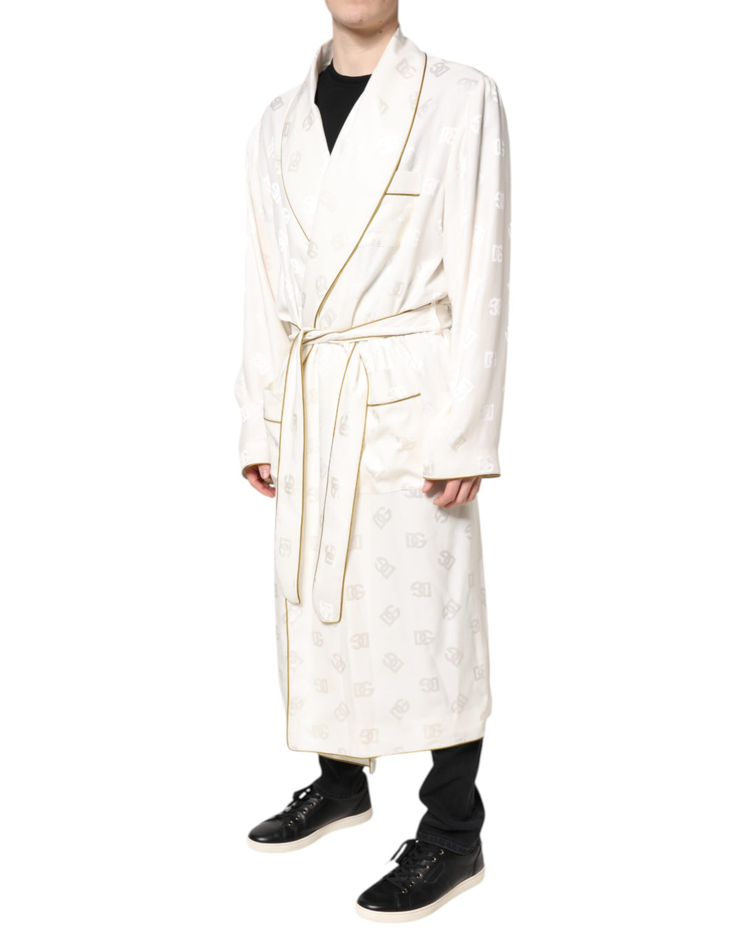 Ivory Silk Logo Men Wrap Robe Coat Jacket