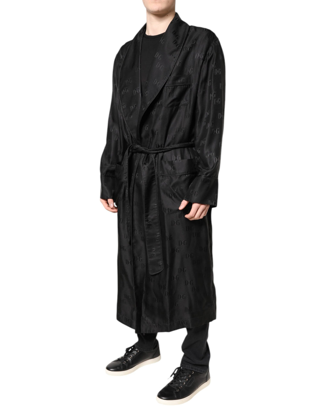 Black Silk DG Logo Men Wrap Robe Coat Jacket