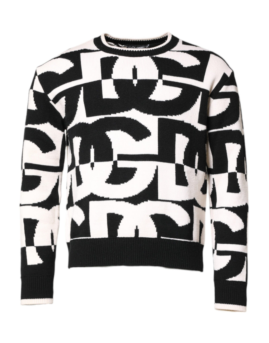 Black White Knit Logo Print Pullover Sweater
