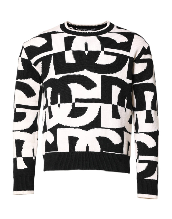 Black White Knit Logo Print Pullover Sweater