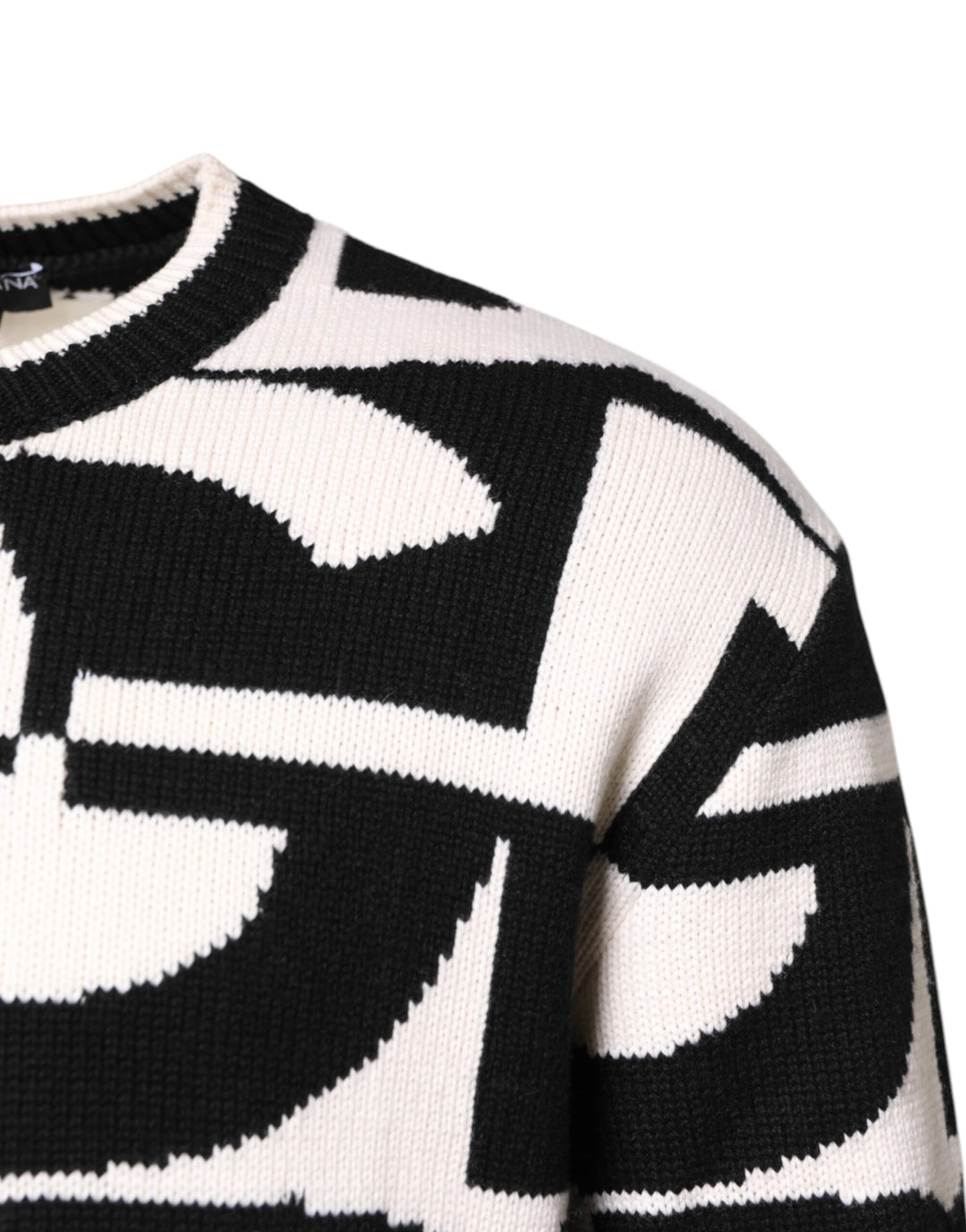 Black White Knit Logo Print Pullover Sweater