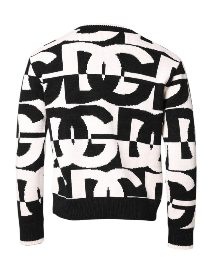 Black White Knit Logo Print Pullover Sweater