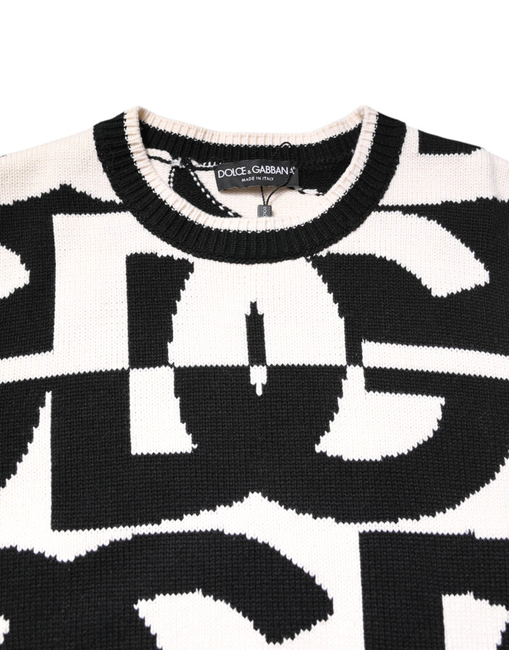Black White Knit Logo Print Pullover Sweater