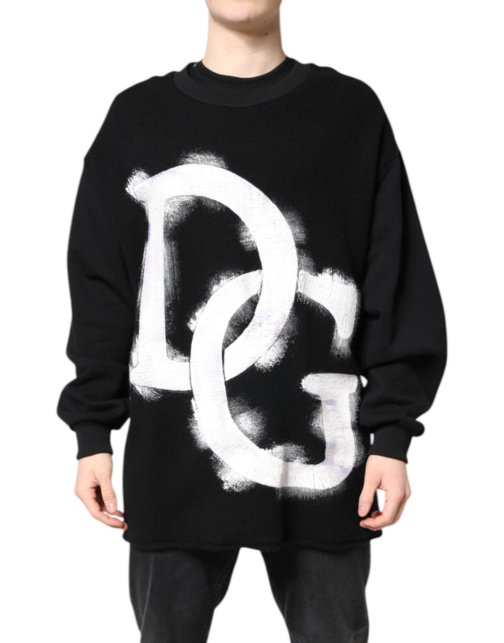 Black Cotton Logo Print Men Pullover Sweater