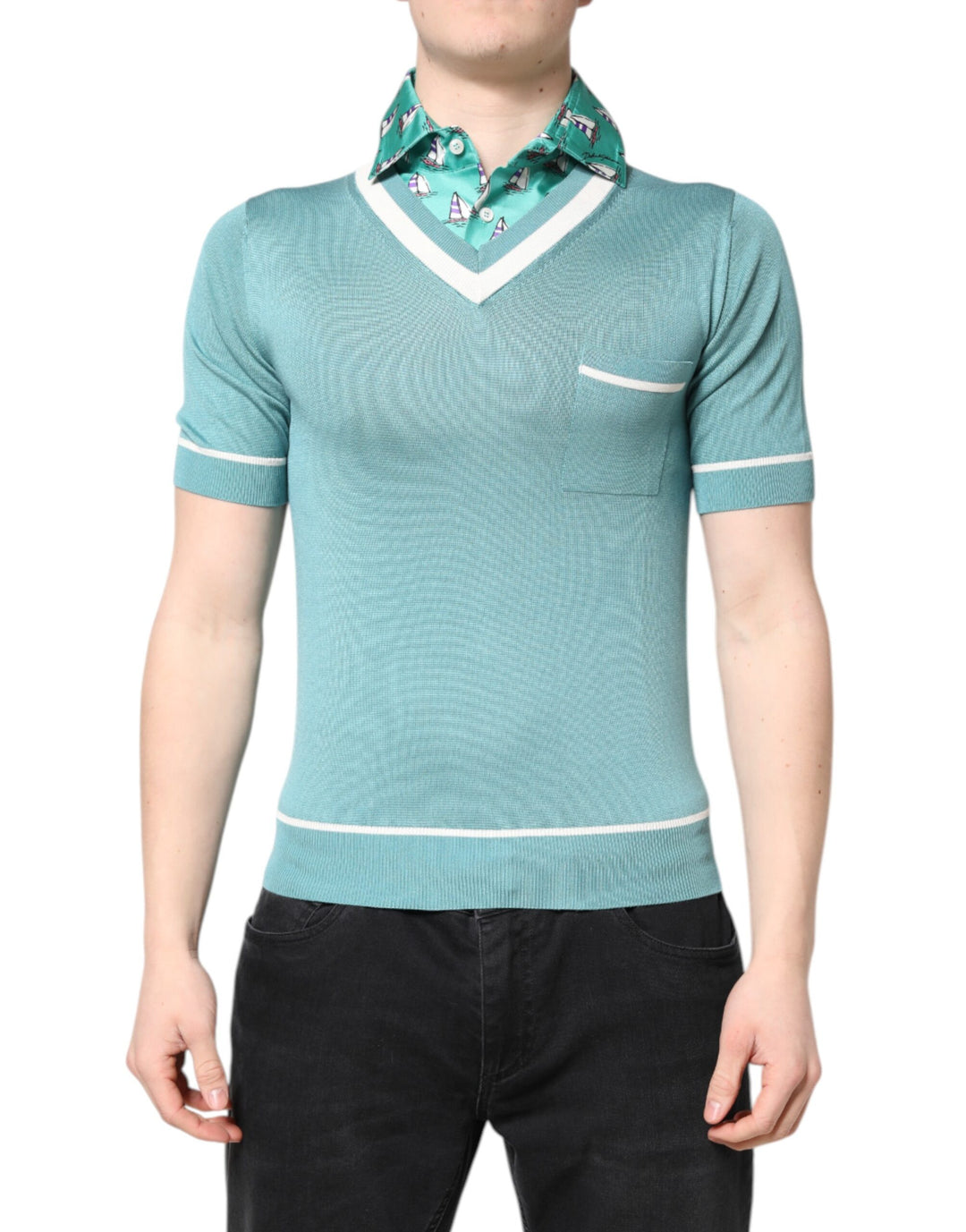 Green Printed Collared Short Sleeve T-shirt