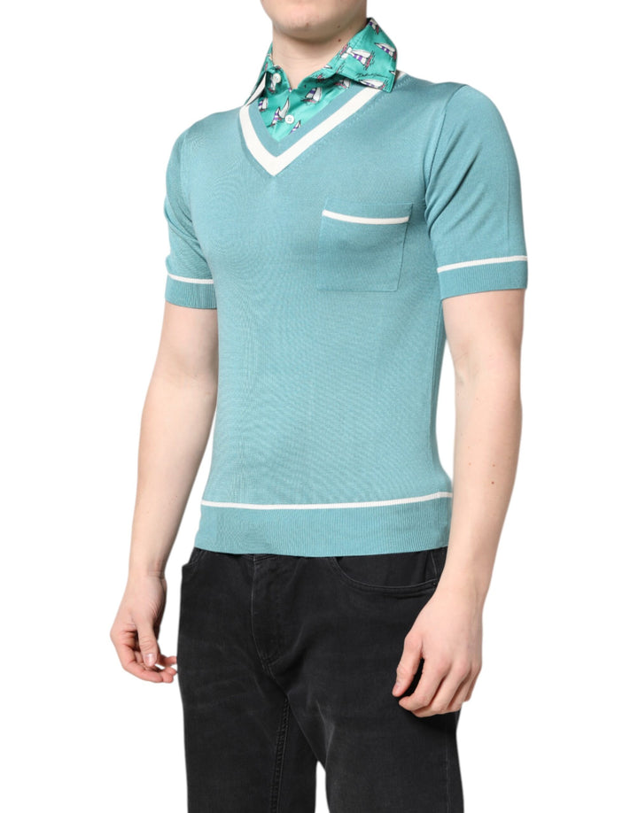 Green Printed Collared Short Sleeve T-shirt