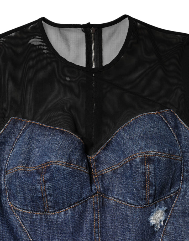 Dolce & Gabbana Black Blue Long Sleeves Denim Mini Dress