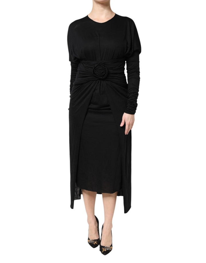 Black Wool Long Sleeves Sheath Midi Dress