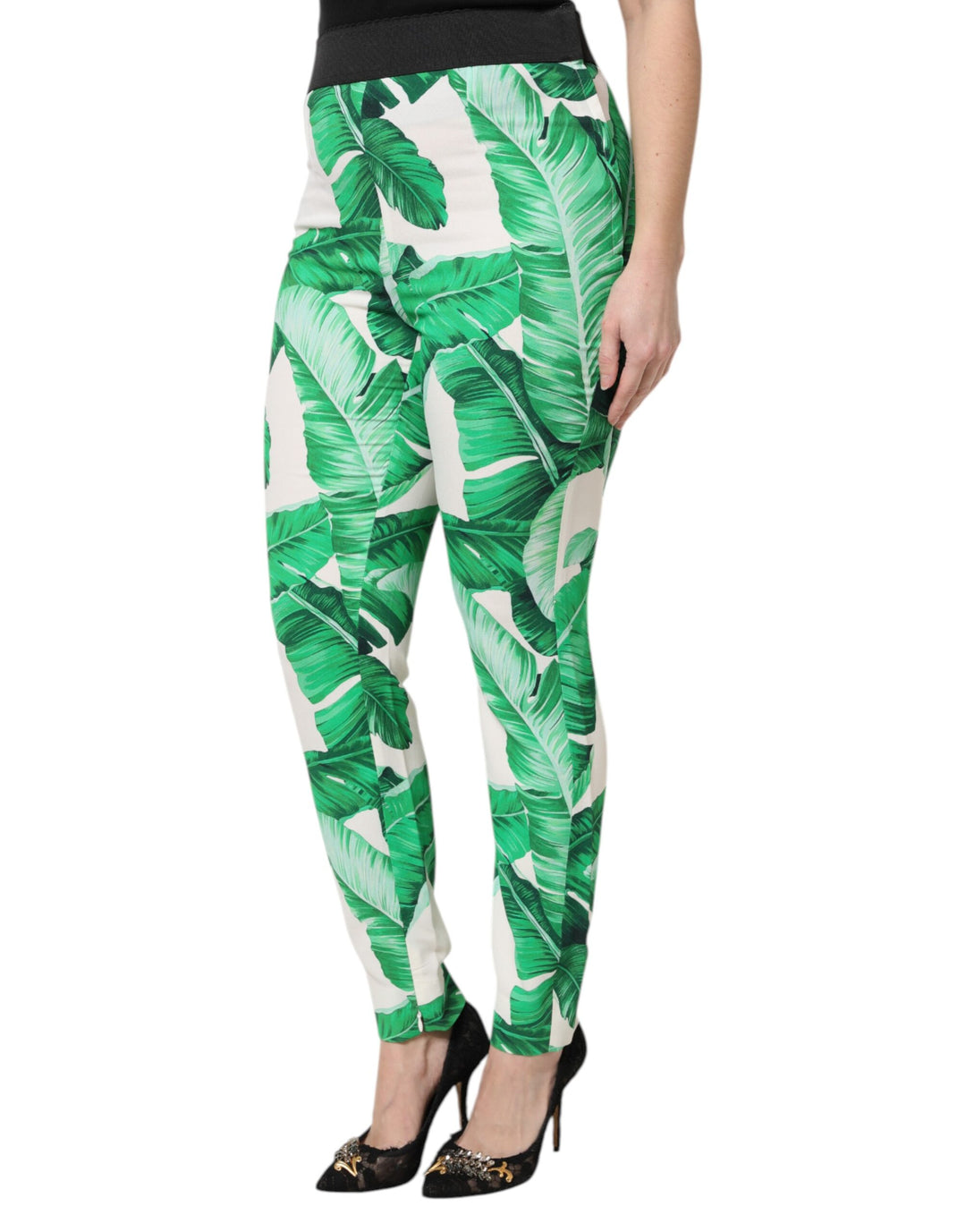 White Green Leaf High Waist Pants