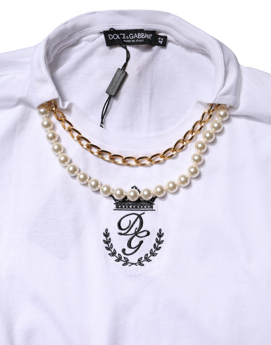 White Chain Pearl Cotton Round Neck T-shirt