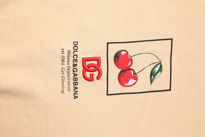 Beige Cherry Print Crew Neck Pullover Sweater