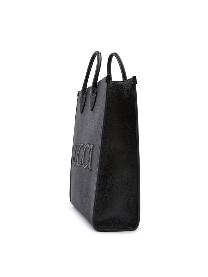 Black Leather Logo Medium Tote Bag