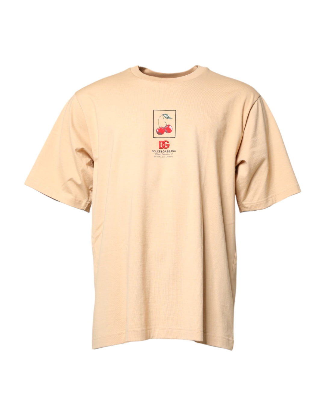 Beige Cotton Logo Print Crew Neck T-shirt