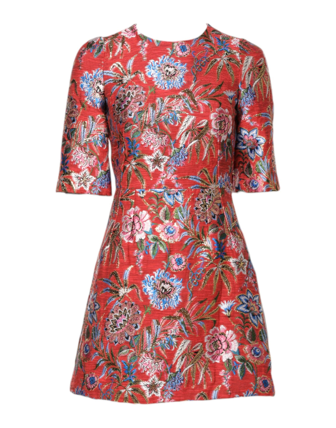 dolce gabbana red floral dress Dolce & Gabbana Red Silk Satin Draped Midi Floral Applique Women's Dress