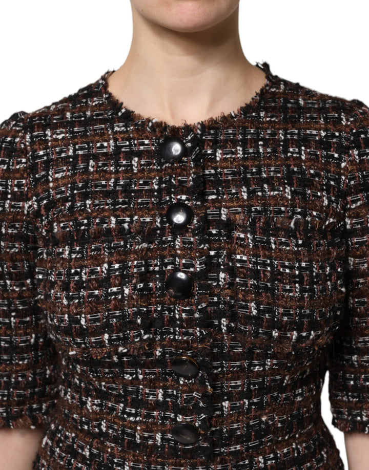 Brown Tweed Short Sleeves A-line Mini Dress