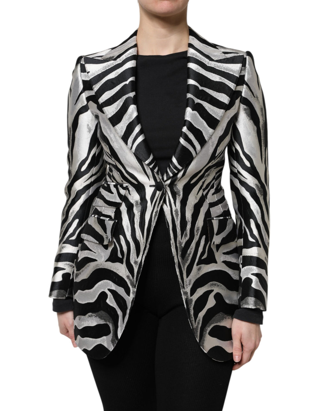 Black White Polyester Women Blazer Jacket