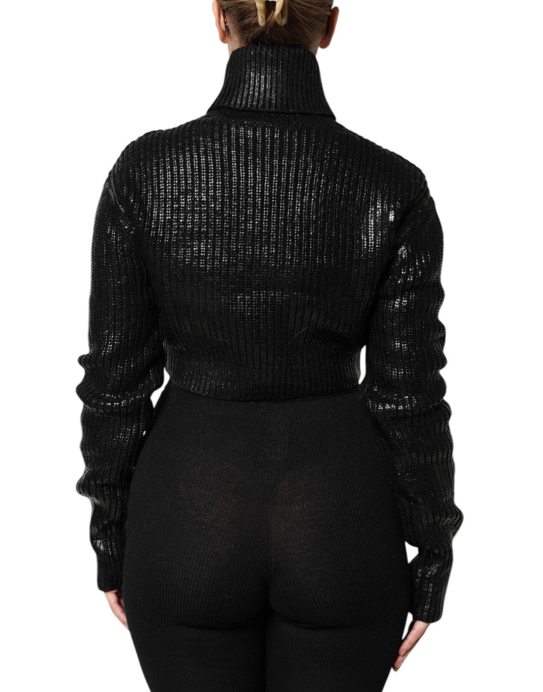 Black Wool Long Sleeve Turtleneck Cropped Top