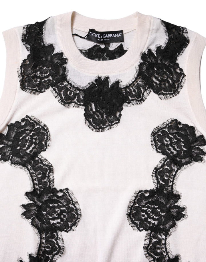 White Cashmere Floral Lace Detailing Tank Top