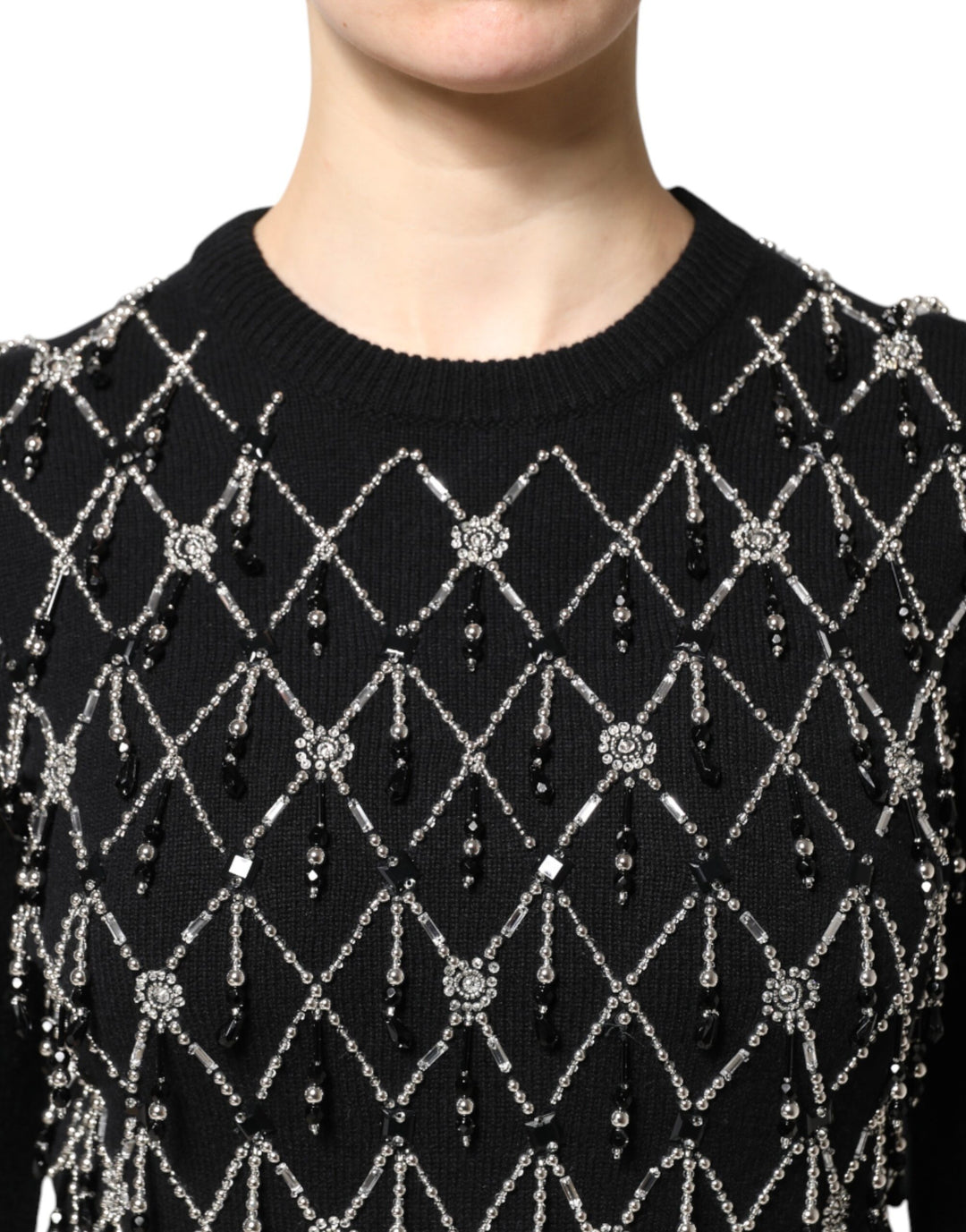 Black Cashmere Embellished Long Sleeves Top