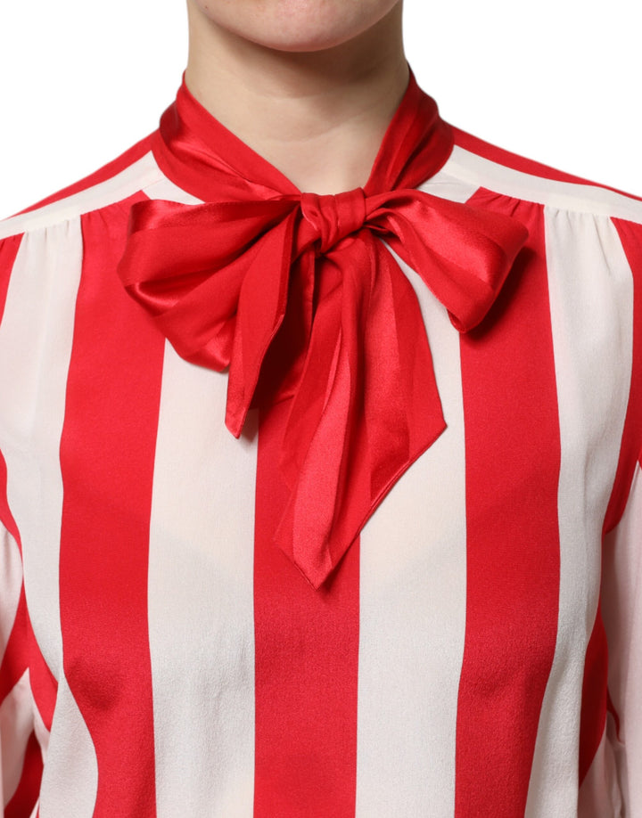 Red White Stripes Ascot Collar Blouse Top