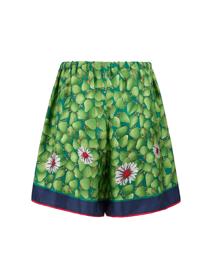 Green Flower Printed Silk Shorts