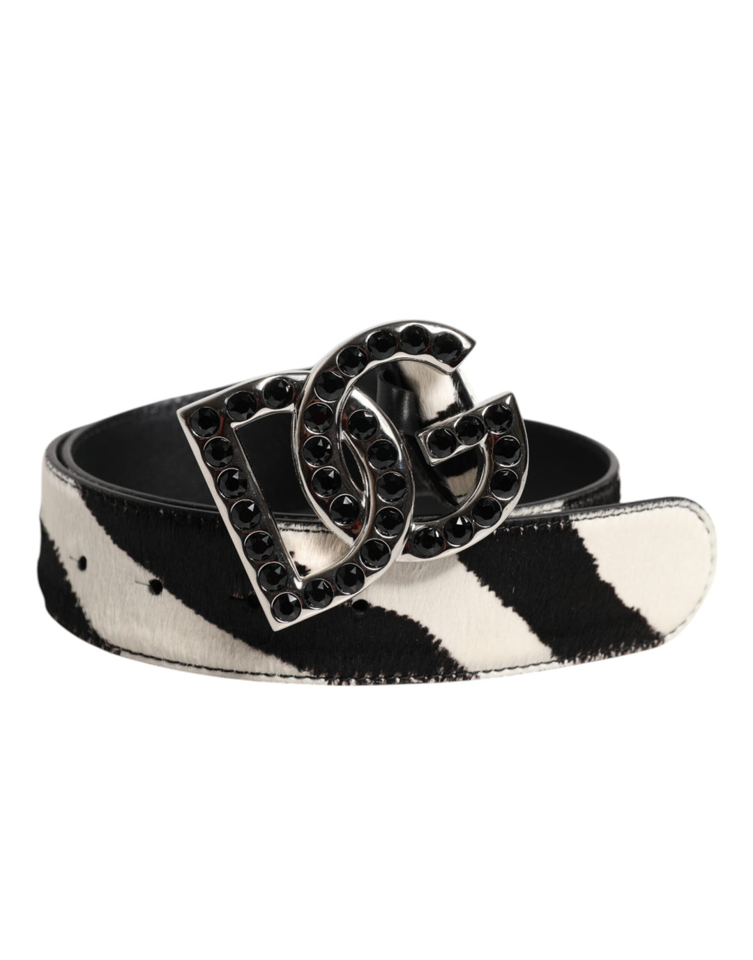 White Black Leather Zebra DG Crystal Buckle Belt