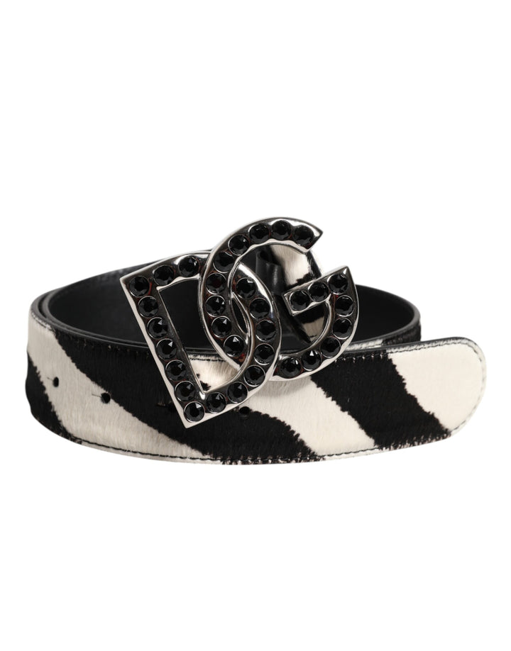 White Black Leather Zebra DG Crystal Buckle Belt