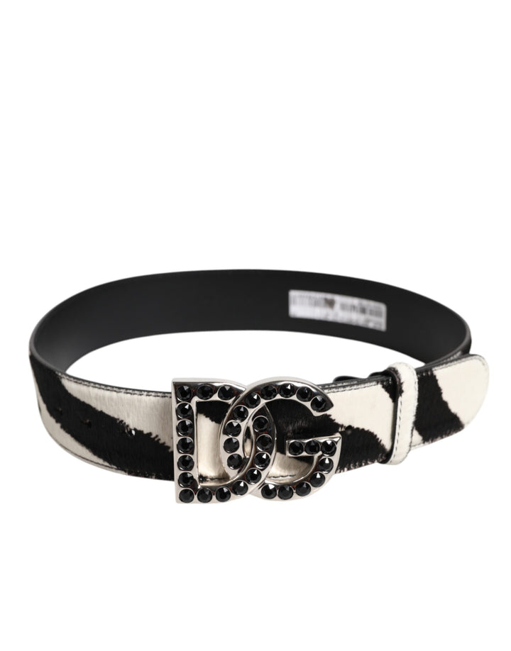 White Black Leather Zebra DG Crystal Buckle Belt