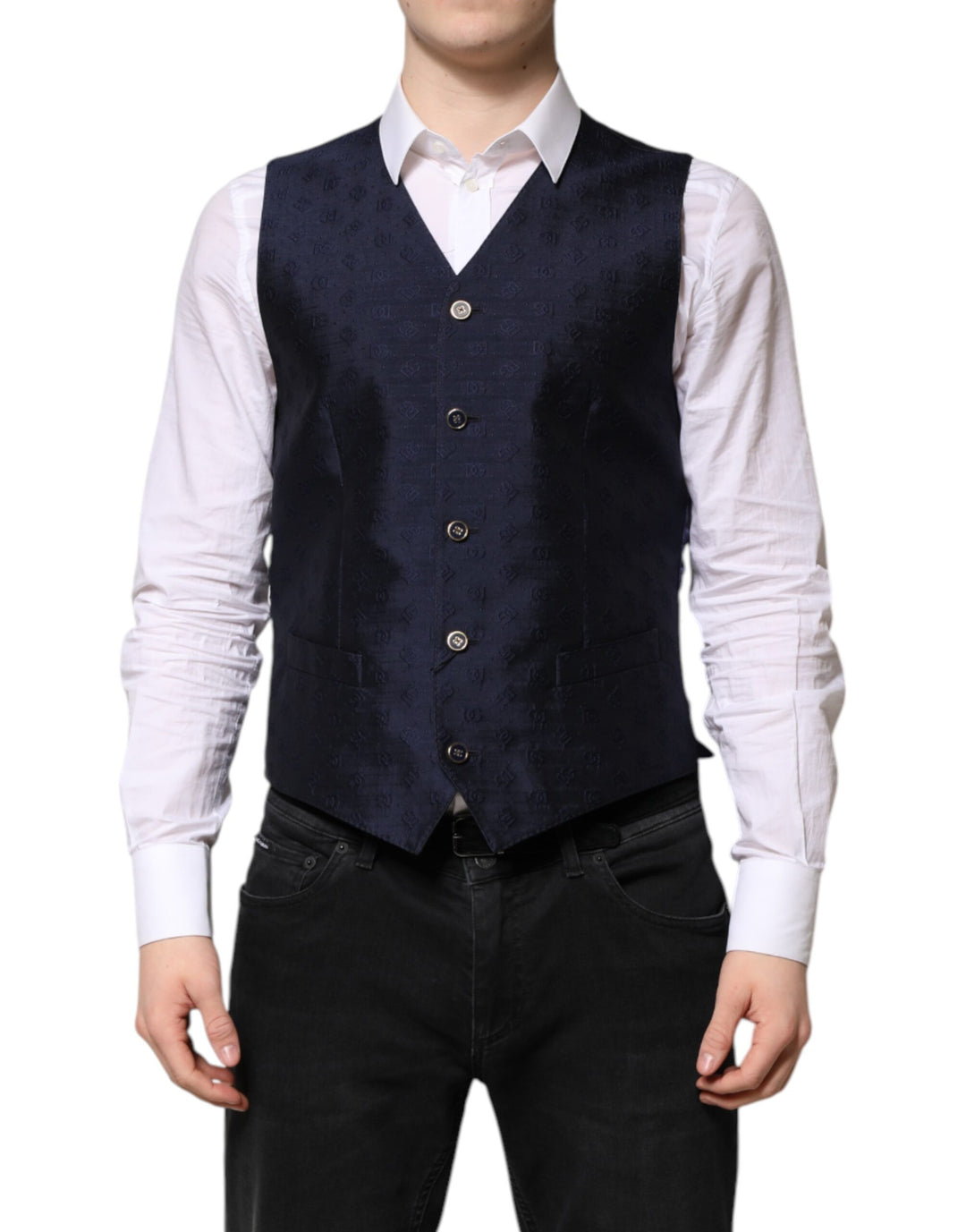 Dark Blue Logo Wool Formal Men Waistcoat Vest