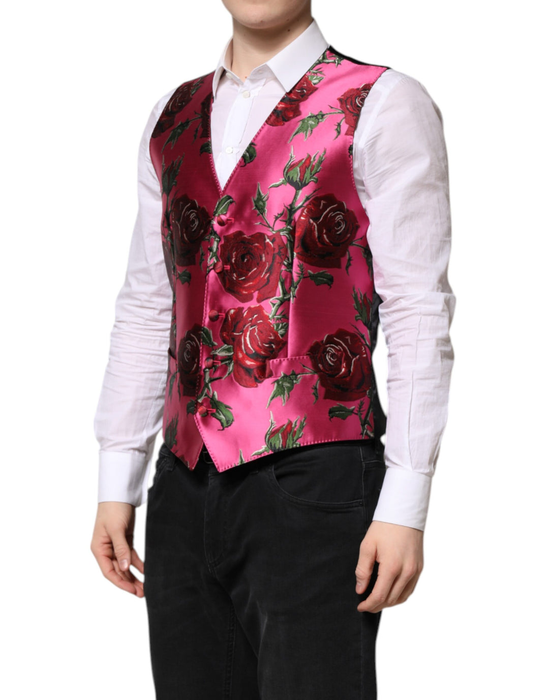 Pink Floral Satin Formal Men Waistcoat Vest