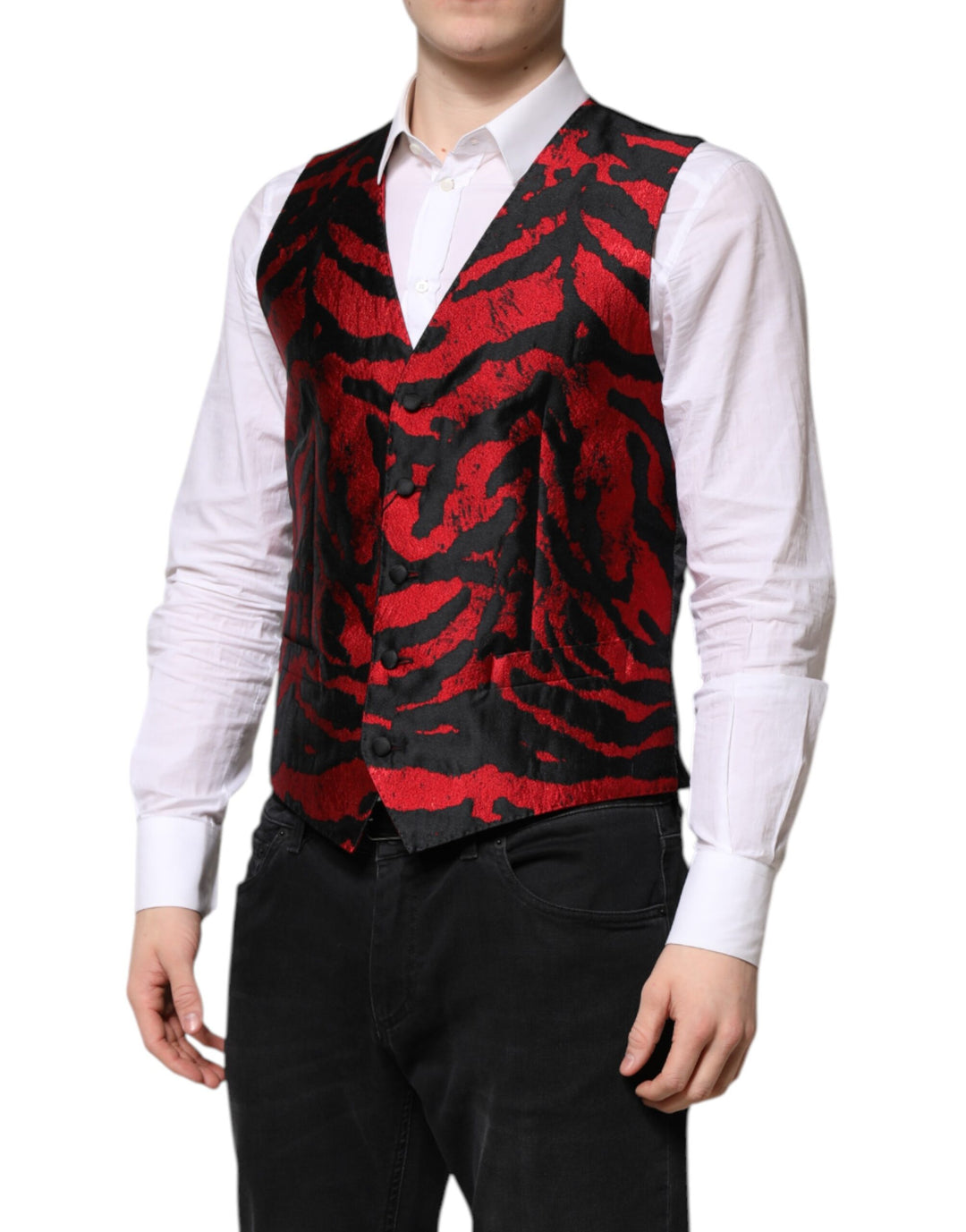 red dress shirt with black vest Dolce & Gabbana Red Black Stripe Dress Formal Waistcoat Vest – SEYMAYKA