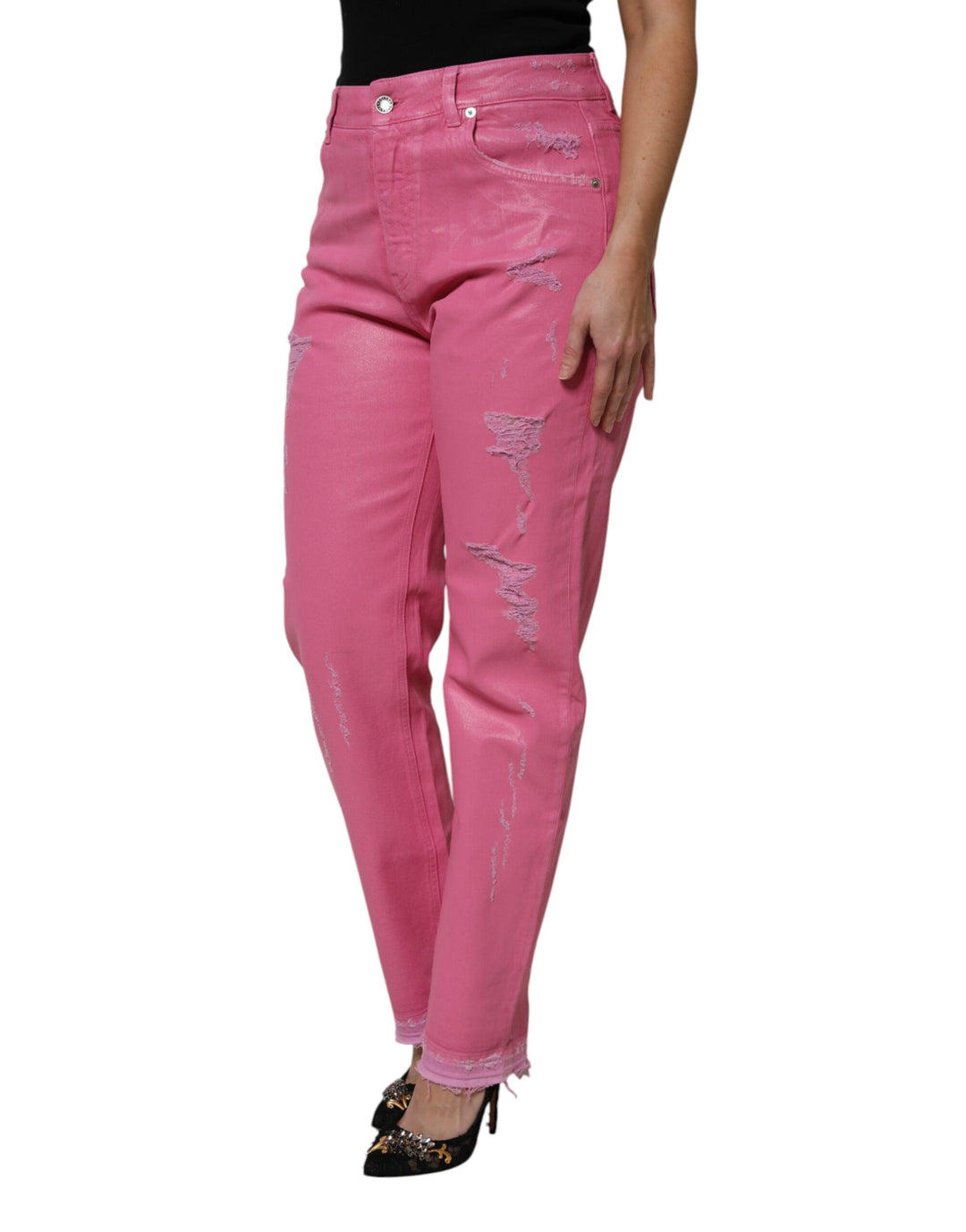 Pink Tattered Mid Waist Tapered Denim Jeans