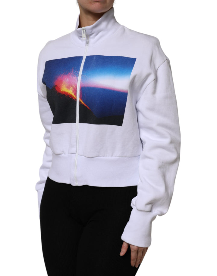 White Graphic Print Cotton Long Sleeves Full Zip Bomber Jacket