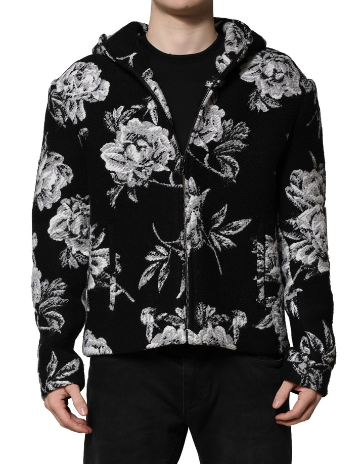 Black Wool Floral Printed Men Hooded Jacket