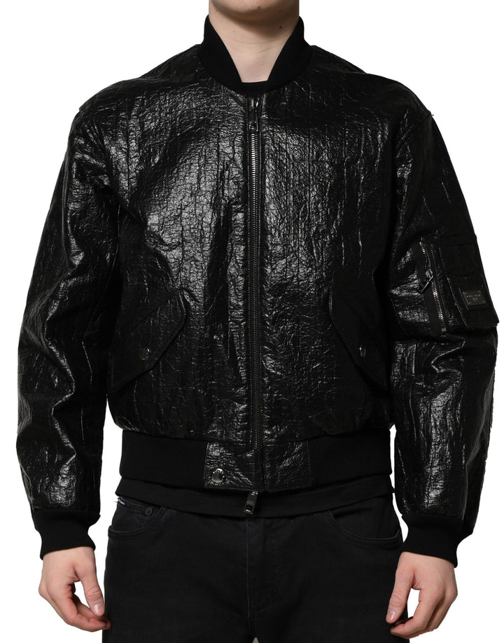 Black Logo Plaque Bomber Full Zipper Jacket
