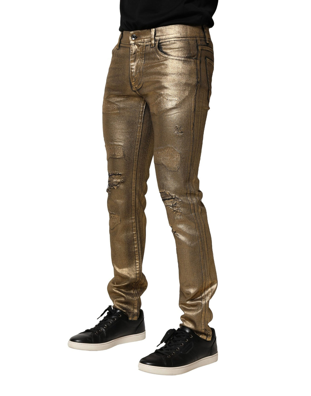 Gold Tattered Cotton Stretch Slim Denim Jeans