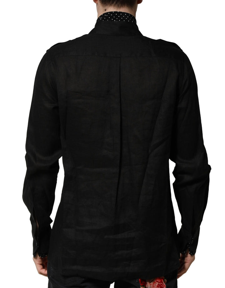 Black Polka Dot Linen Silk Men Casual Shirt