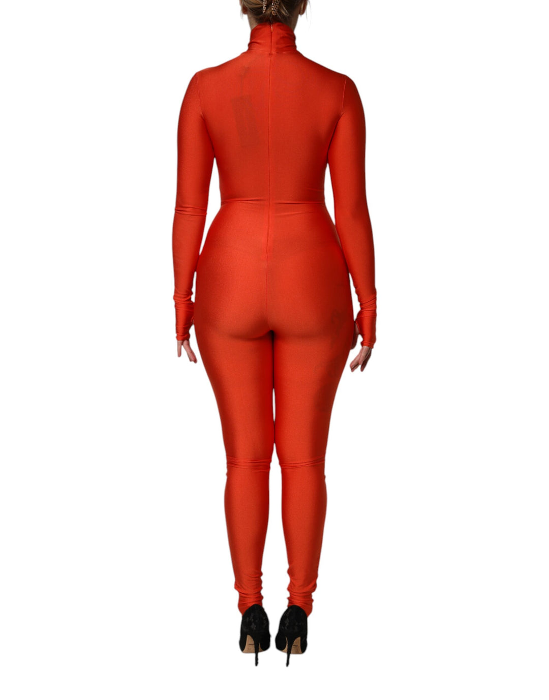Red Nylon Turtleneck Bodycon Jumpsuit Dress