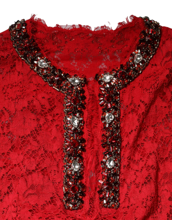 Red Floral Lace Rhinestone Embellished Dress