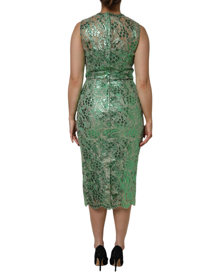 Green Cotton Floral Lace Sheath Midi Dress