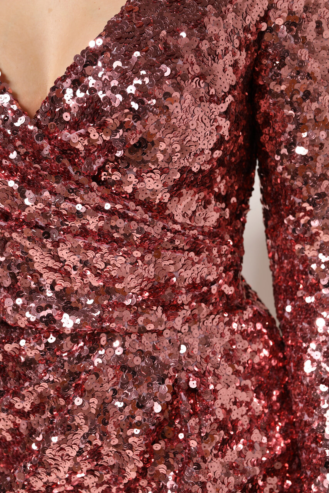 Pink Sequin Statement Nylon Midi V-Neck Dress