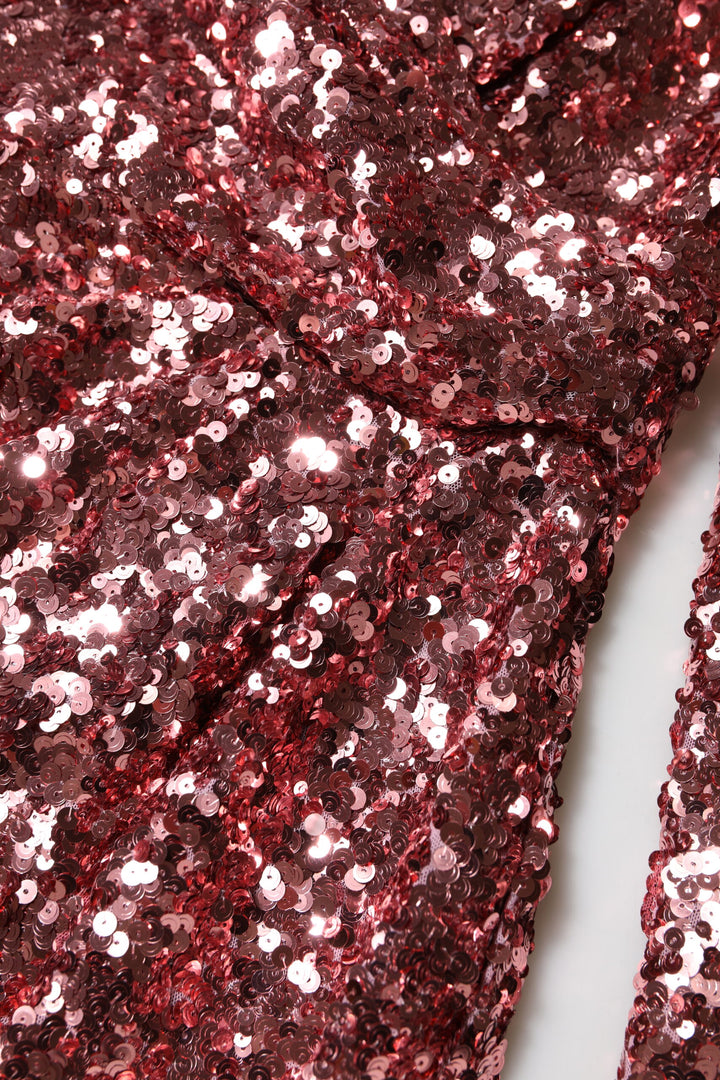 Pink Sequin Statement Nylon Midi V-Neck Dress