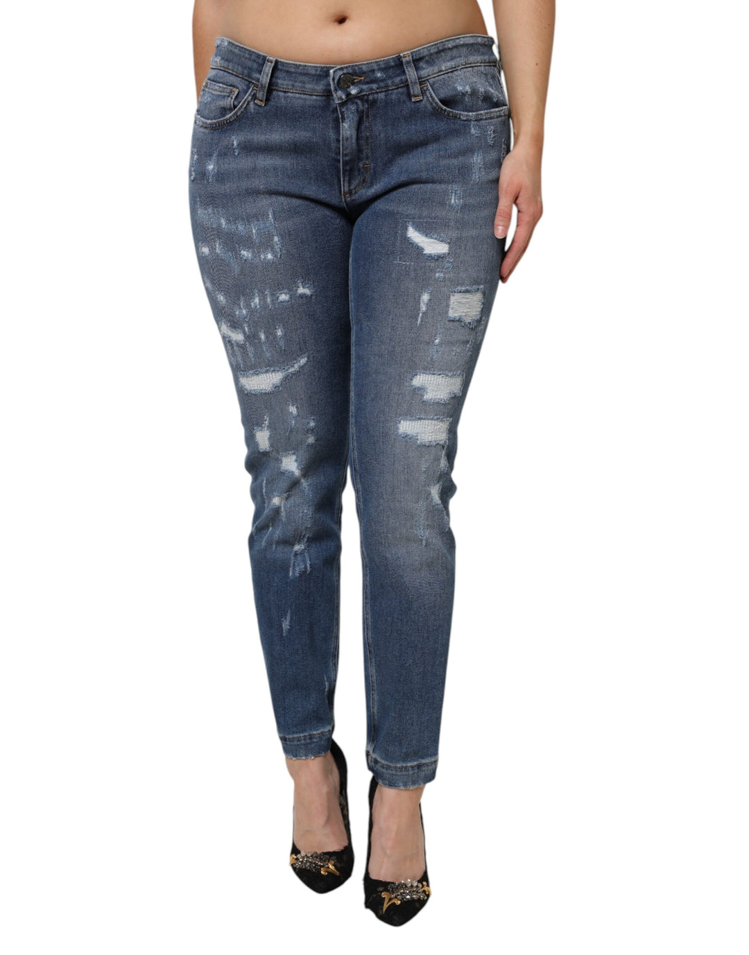 Blue Tattered Cotton Low Waist Denim Jeans