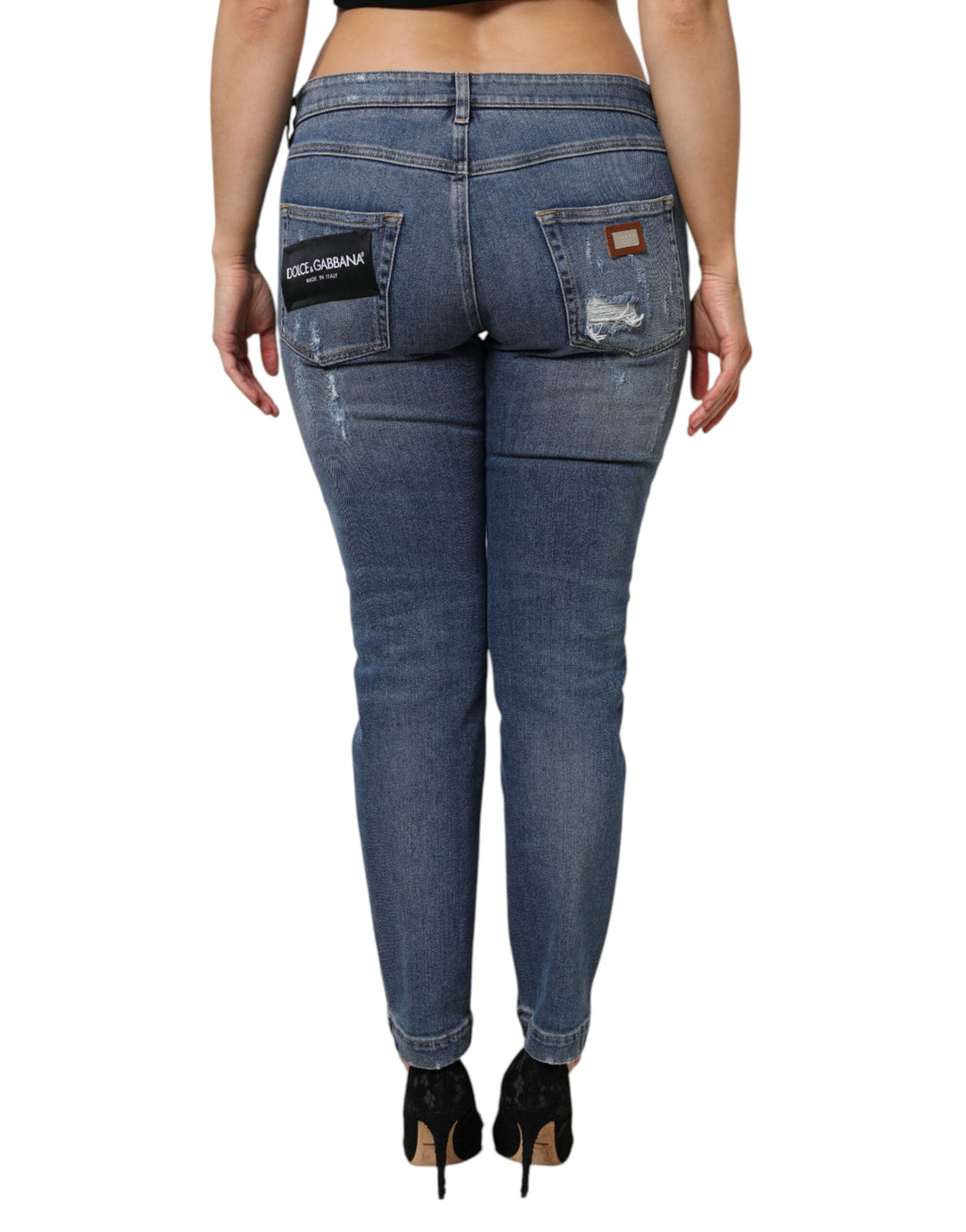 Blue Tattered Cotton Low Waist Denim Jeans