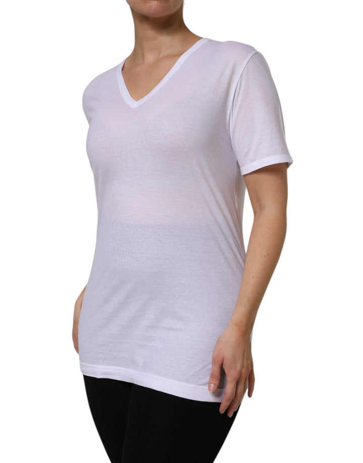 White Cotton Short Sleeves V-Neck Top T-shirt