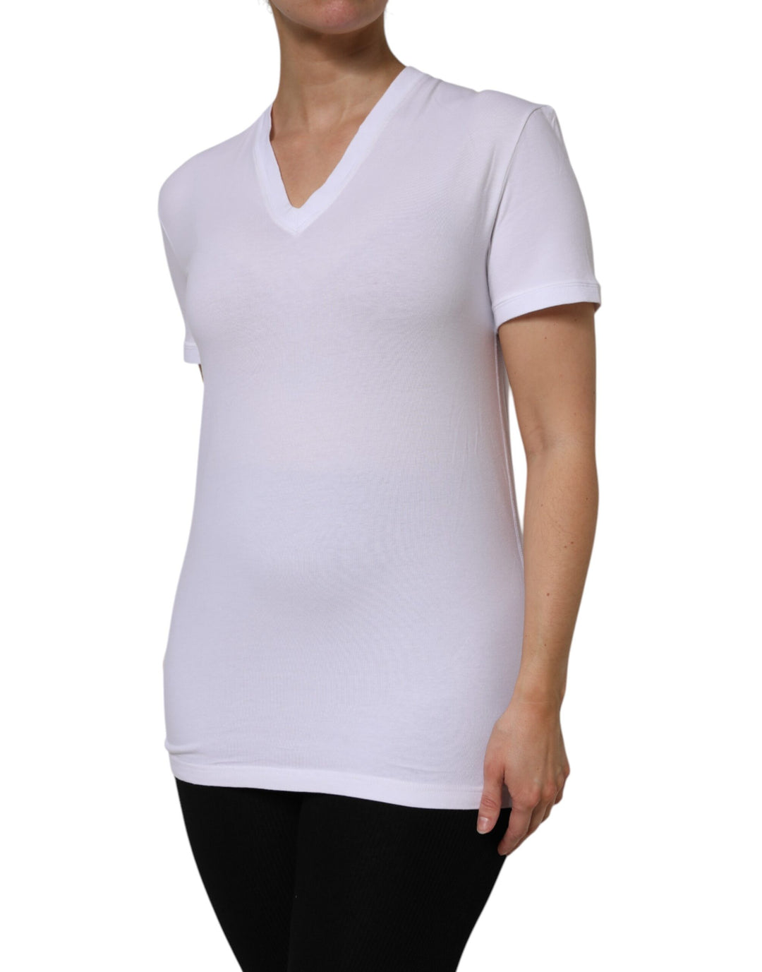 White Cotton Short Sleeves V-Neck Top T-shirt