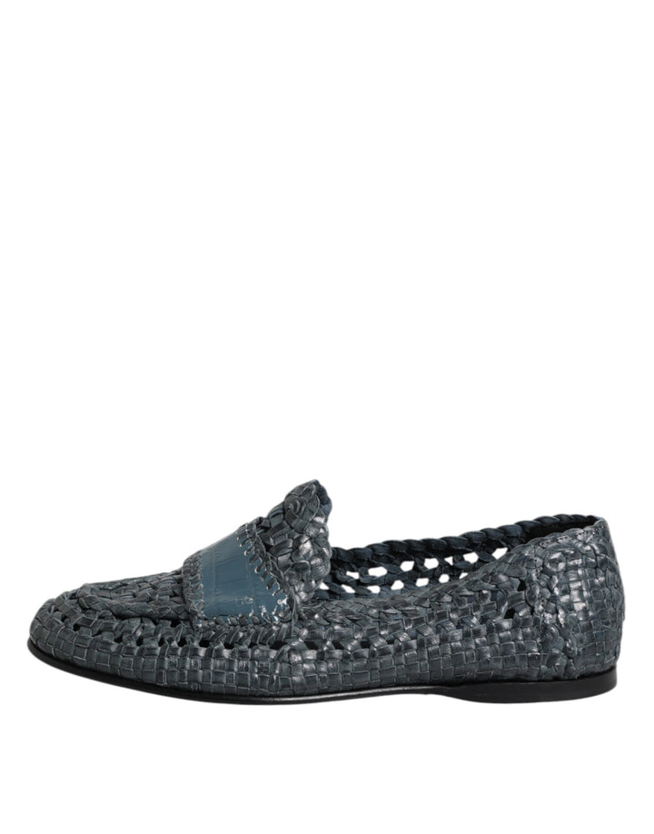 Blue Woven Leather Slip On Loafers Shoes